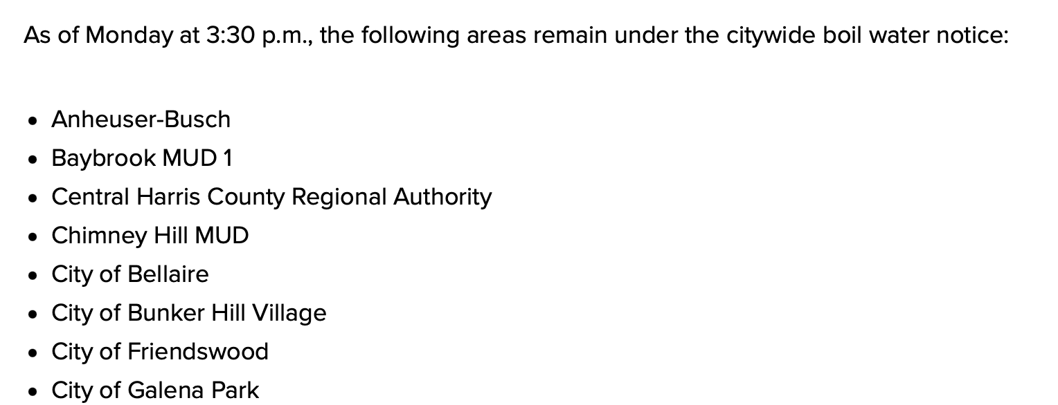 A screenshot of a list of areas affected by Houston's boil water notice, with "Anheuser-Busch," a large regional brewer of beer, listed first (albeit alphabetically)